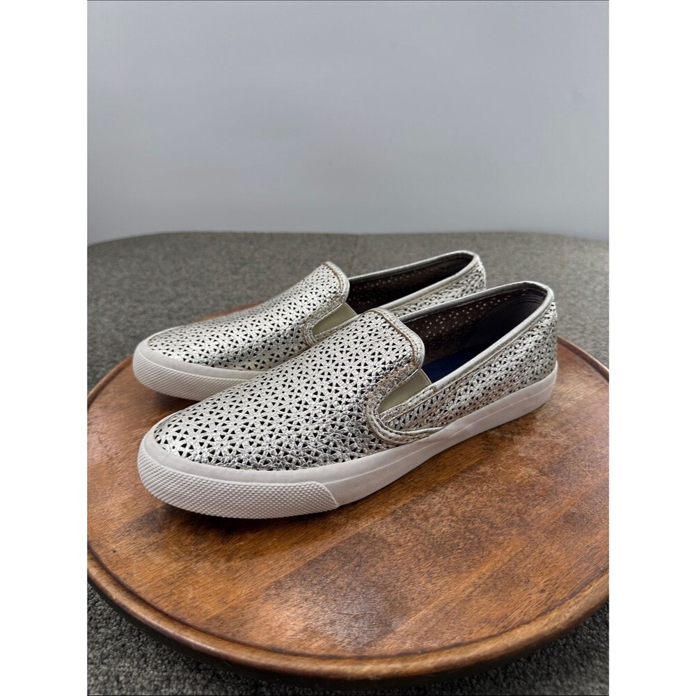 Sperry Shoes Wm 11 Metallic Leather Perforated Seaside Slip On Sneakers Summer